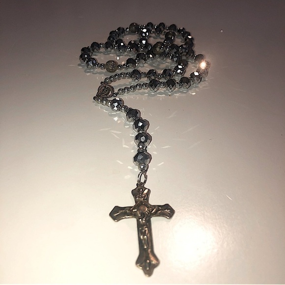 𝅺metallic Silver Crystal Rosary Beads Necklace LONG 30” + 6” Drop / 36” Total - Picture 1 of 4